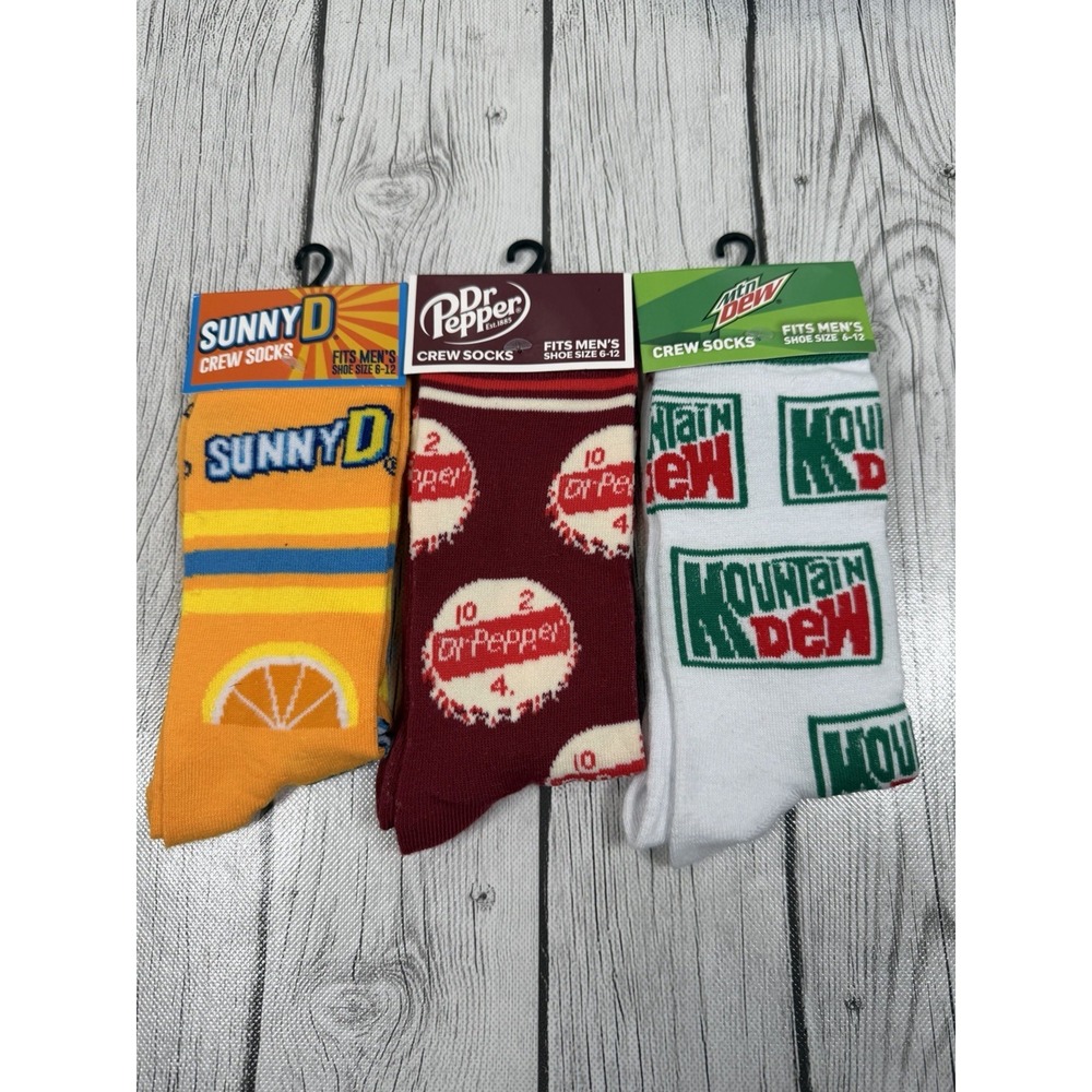 Lot of 3 Soda Drink Crew Socks Men Size 6-12 Dr Pepper Mountain Dew SunnyD NWT